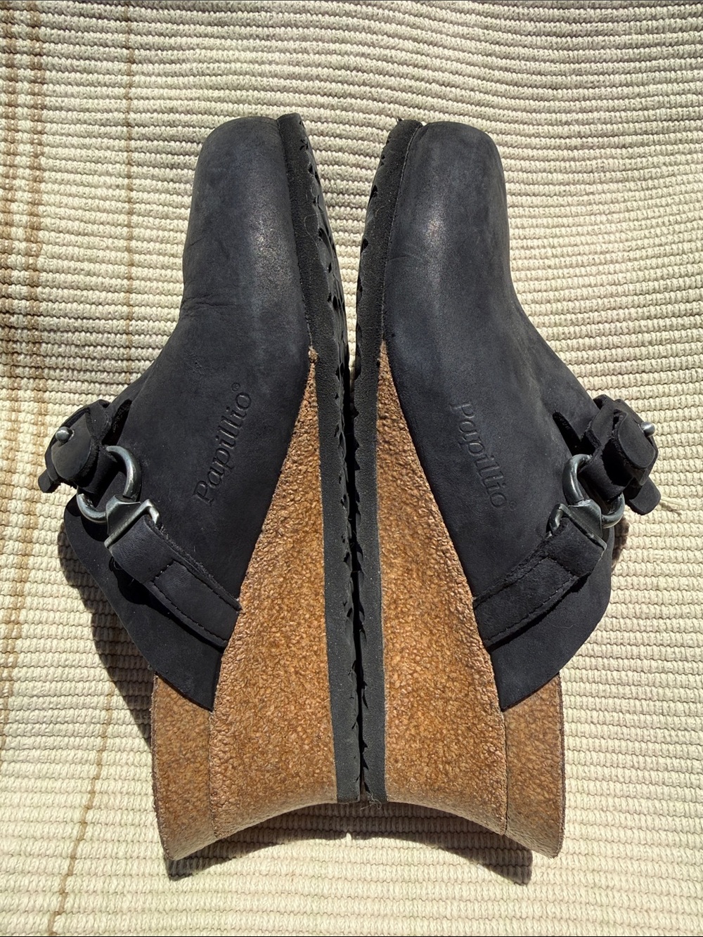 Papillio Birkenstock Oiled Leather Gun Metal Women's Cork Wedge Clogs 38